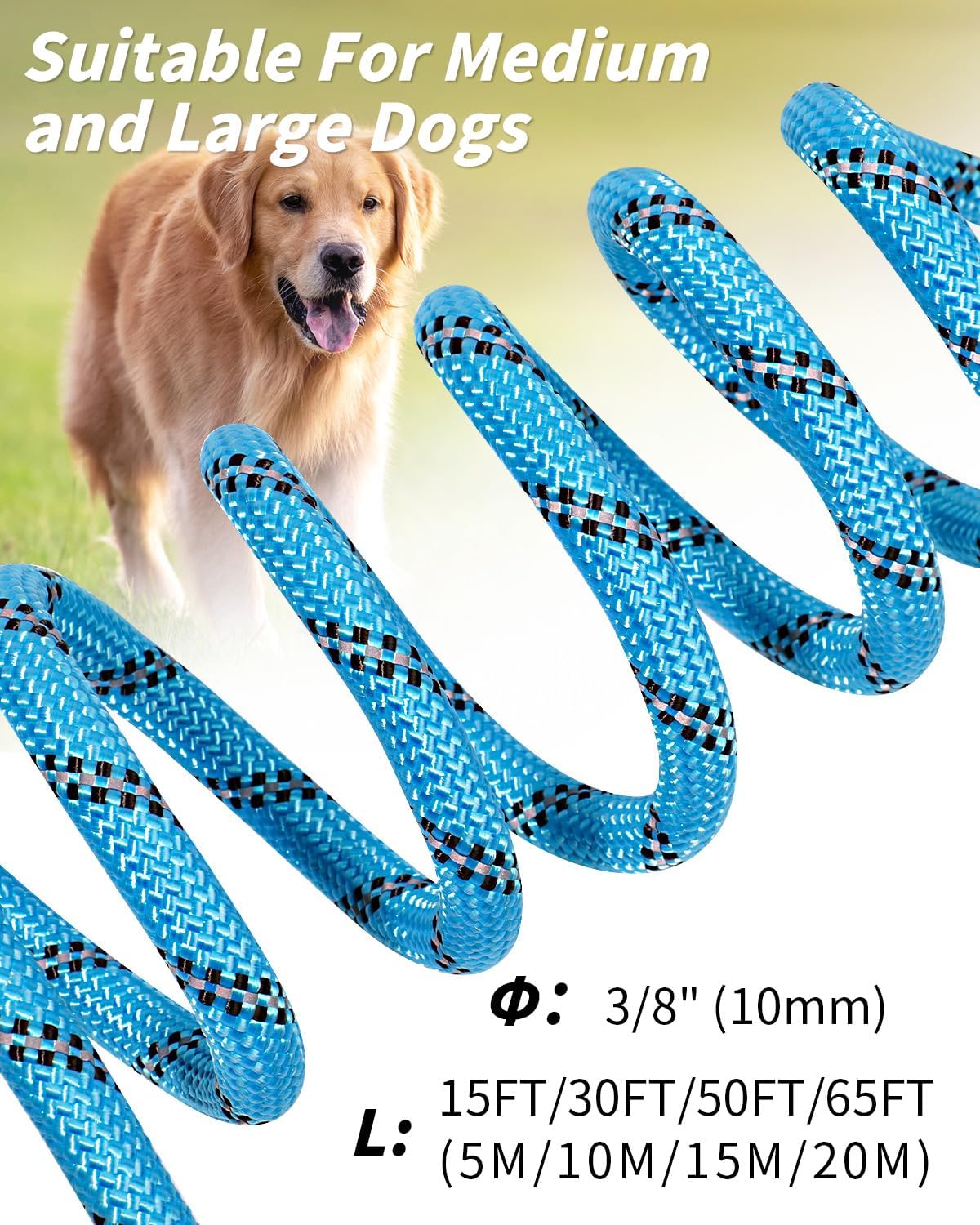 Joytale Long Leash for Dog with Removable Padded Handle, Heavy Duty Lead for Large Medium Dogs,15FT/30FT/50FT/65FT Reflective Training Leash for Play, Camping, Backyard Tie Out, Blue, 50FT