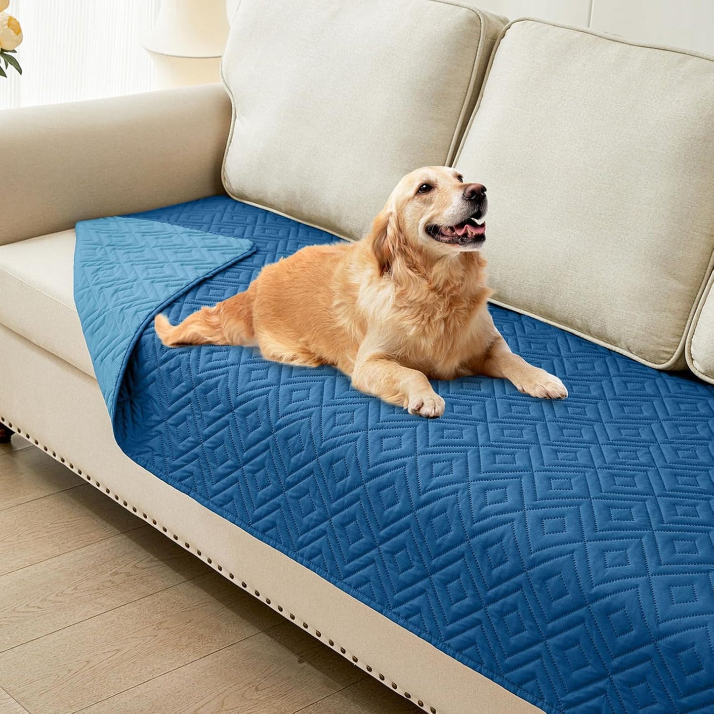 hyha Waterproof Dog Blanket, Soft Pet Bed Blankets, Waterproof Sofa Couch Cover for Dogs Washable, Reversible Pet Couch Covers for Sofa Furniture (30x90 Inch, Navy Blue/Blue)