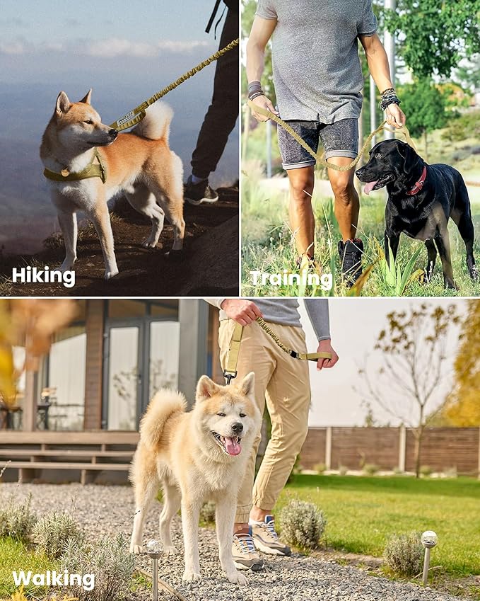 OutdoorMaster Bungee Dog Leash, Heavy Duty Dog Leash with Shock Absorption, 2 Padded Handles Training Leash, Improved Dog Safety and Comfort - Khaki Upgraded, 4 FT