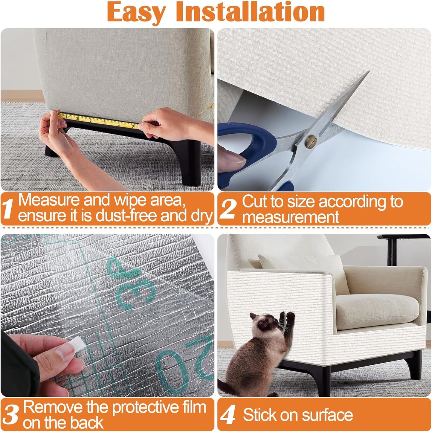 Cat Scratch Furniture Protector - 158" x 13.8" Trimmable Self-Adhesive Cats Claws Scratch Pads, DIY Cat Climbing Couch Protector for Scratch Post Cat Tree Replacement Indoor (Cream White)