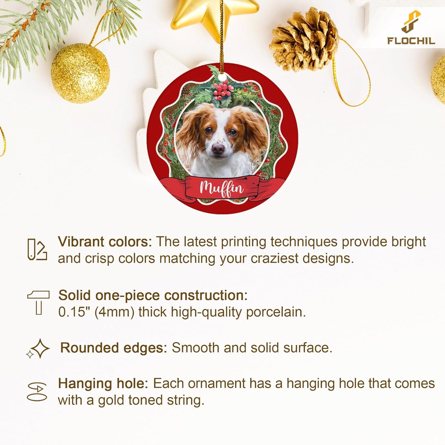 FLOCHIL Personalized Dog Christmas Ornaments, Custom Photo Name for Christmas Trees, Dog First Christmas Ornaments, Best Gifts for Pet Lovers