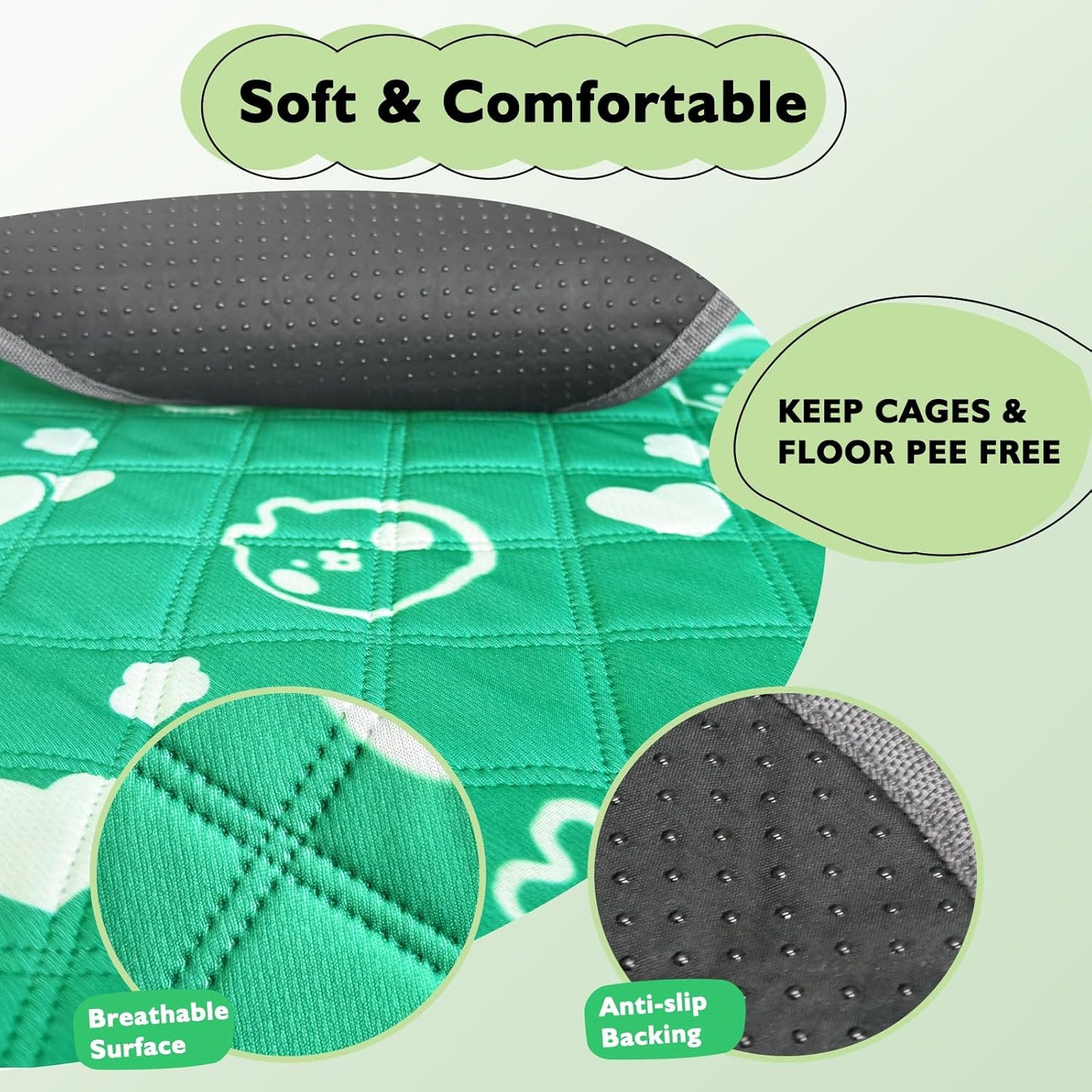 2 Pack Guinea Pig Bedding - Washable Guinea Pig Liners for C&C 2x4 Cage, Waterproof Reusable & Anti Slip Pee Pads Super Absorbent Mats for Small Animal Rabbit Hamster Rat (Green, 57 x 28 Inch)