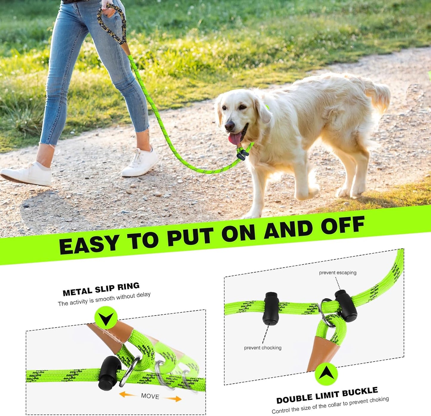 lynxking Slip Lead Dog Leash Reflective, Heavy Duty Comfortable Strong Rope Leash for Large Medium Small Dogs No Pull Training (Light Green, Small 3/8in x 6ft-Slip Lead)