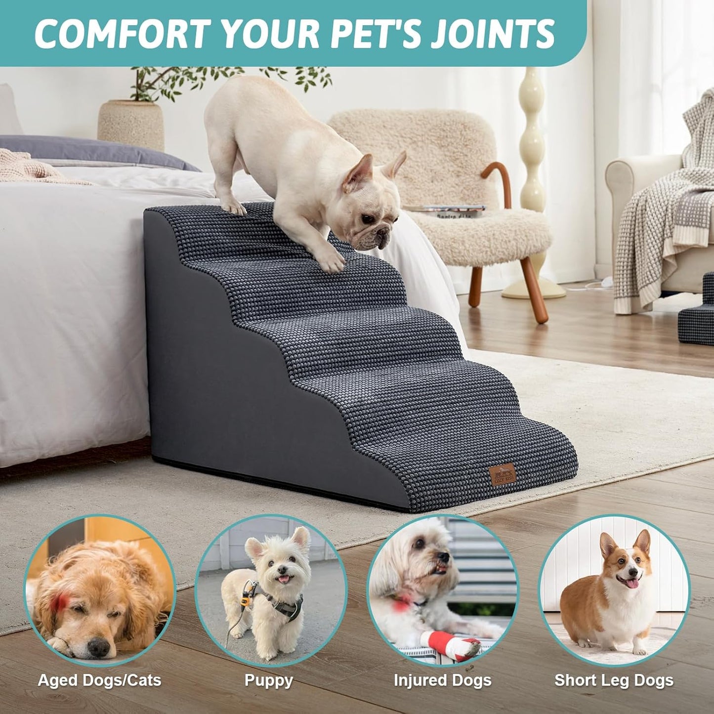 Extra Wide Dog Stairs 19.7" Width, Large Pet Step for Small Medium Dog, Puppy or Cat, Ramp for High Bed or Car, High Density Foam Ladder, Stable, 5 Step, 19.7x33x22.4 in, Charcoal Grey