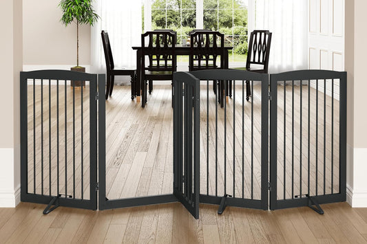 Freestanding Dog Gates with Door Walk Through, Pet Gate for Stairs, 80 inch Wide Gates Indoor, Dog Fences Indoor, Support Feet Included, 4 Panels, 32" Tall, Grey