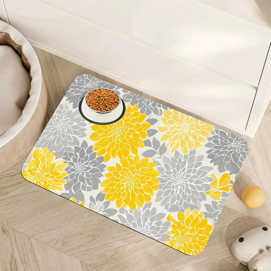 Dahlia Dog Cat Food Mat,Gray Yellow Flower Absorbent Pet Feeding Mat with Rubber Backing,Non-Slip Water Bowl Placemat,Indoor Pet Accessories Supplies 12"x20"