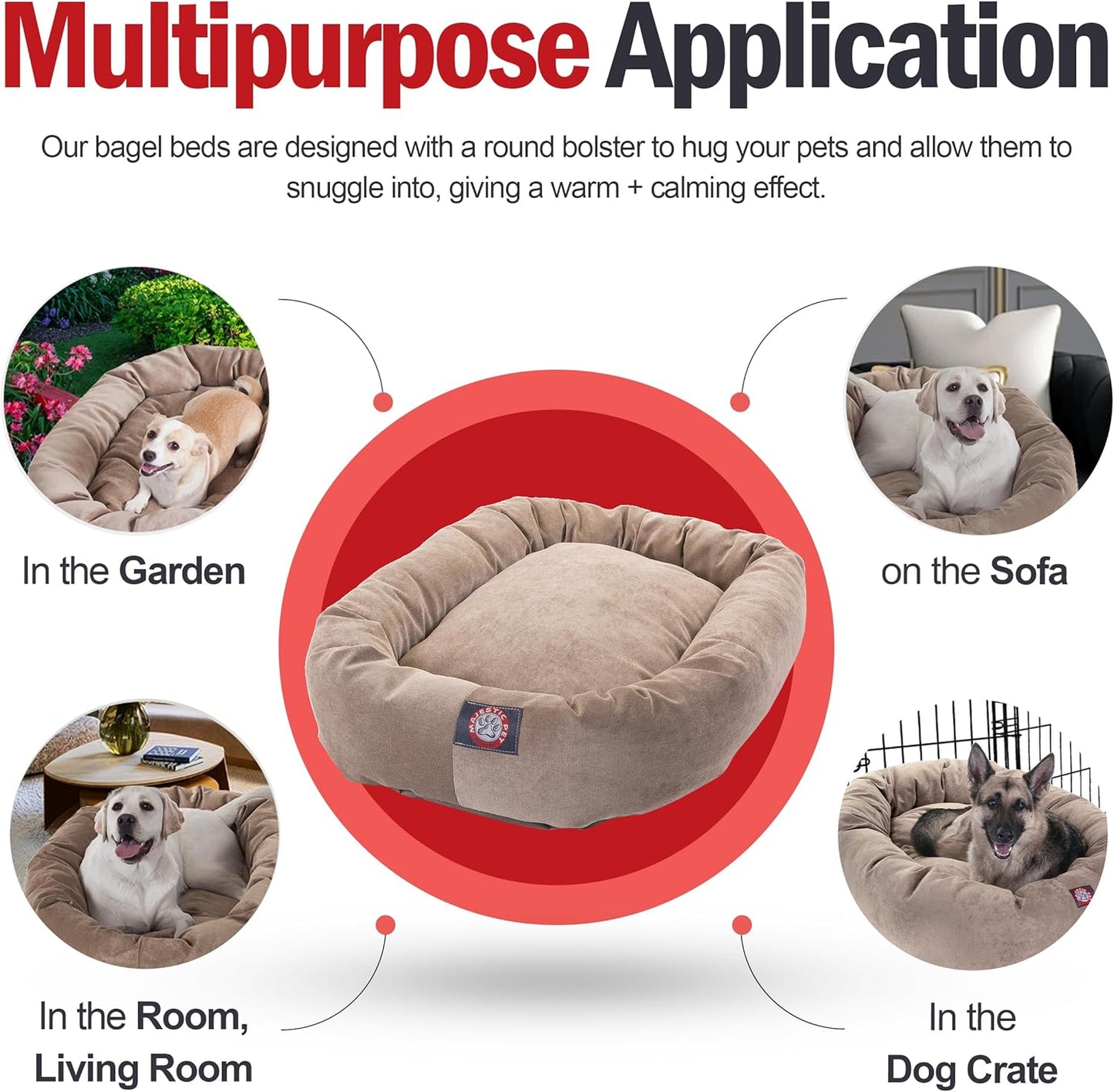 Majestic Pet 52 Inch Micro Velvet Calming Dog Bed Washable 52x35x11 (inch) – Cozy Soft Round Donut Dog Bed with Spine for Head Support - Pet Bed X- Large - Pearl