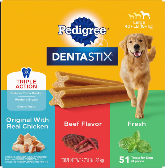 Pedigree Dentastix Large Breed Dog Treats, Original, Beef & Fresh Flavor, 2.73 lb. Variety Pack (51 Treats)
