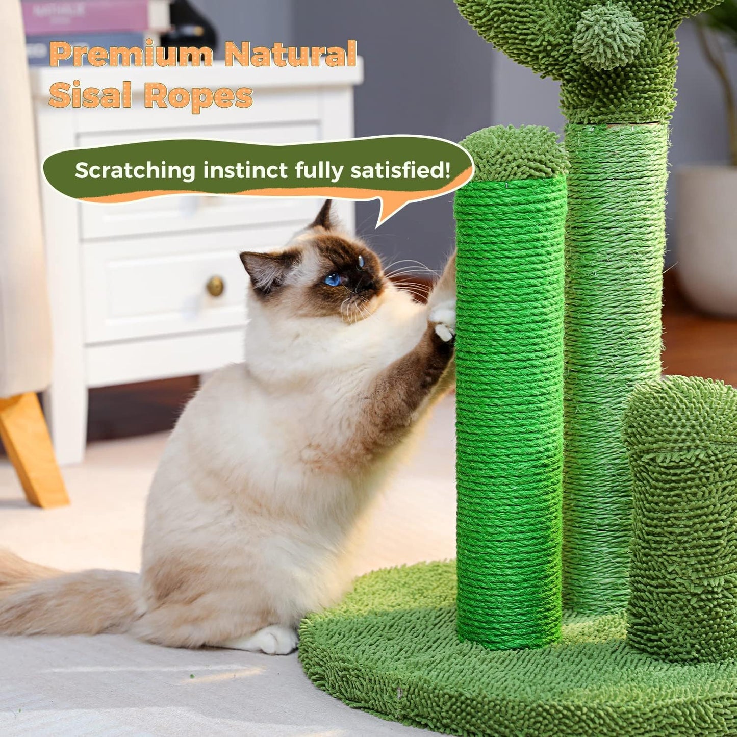 PAWZ Road Cat Scratching Post Cactus Cat Scratcher with 3 Scratching Poles and Dangling Ball Large 27 Inches