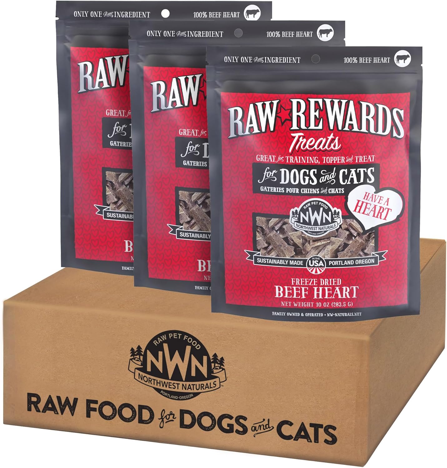 Northwest Naturals Raw Rewards Freeze-Dried Beef Heart Treats for Dogs and Cats - Bite-Sized Pieces - Healthy, 1 Ingredient, Human Grade Ingredient, All Natural, Proudly Made in USA, 10 Oz (Pack of 3)