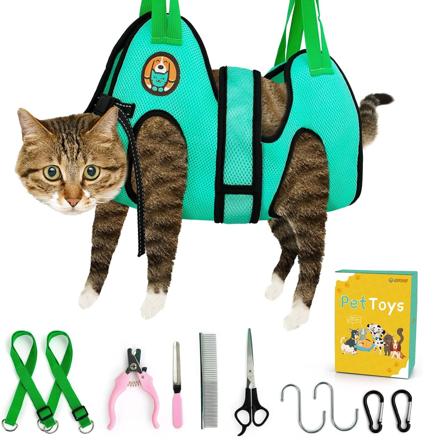 AWOOF Cat Grooming Hammock Harness for Cats & Dogs, Restraint Dog Grooming Hammock with Nail Clippers/Trimmer, Nail File, Comb, Grooming Scissors for Nail Trimming Ear Cleaning Medicine Taking