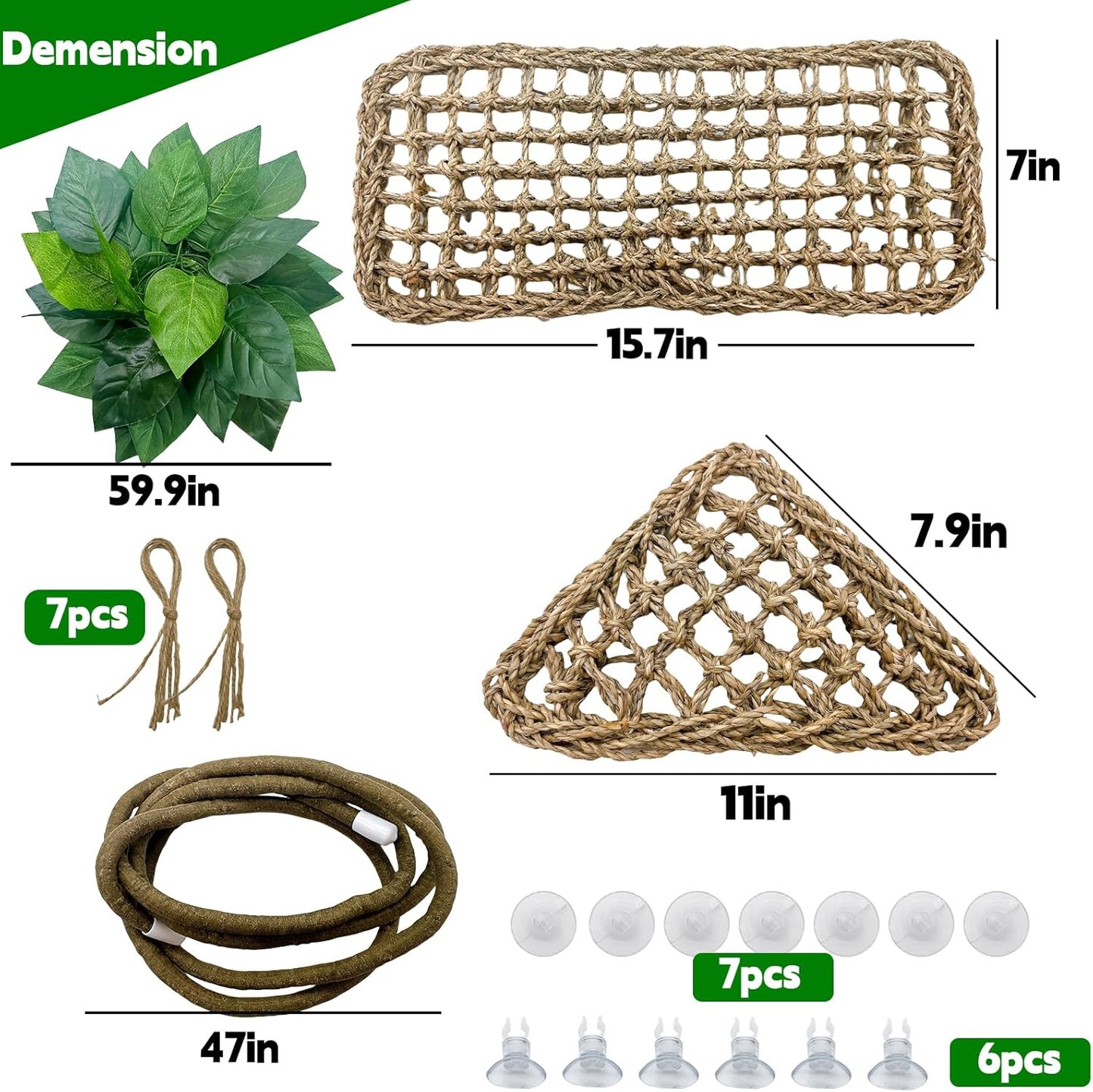 6PCS Bearded Dragon Hammock Lizard Natural Seagrass Hammock Reptile Jungle Climbing Vines and Leaves with Suction Cups Habitat Décor Tank Accessories for Hiding& Climbing Snake Gecko Bird Chameleon