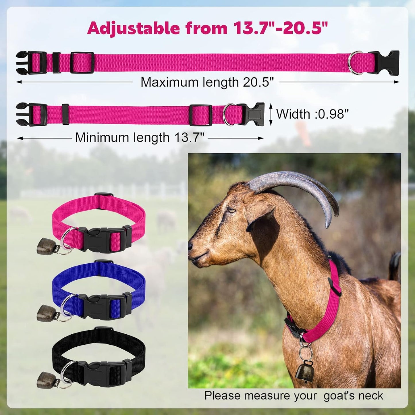Goat Collars with Bell, 3 Pack Adjustable Sheep Collars with Quick Release Buckle Anti-Loss Bell, Durable Nylon pet Collar for Small Farm Goat Cow Horse Sheep