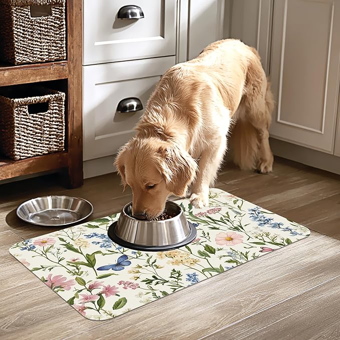 Vintage Herbs Flowers Pet Cat Dog Food Mat-Absorbent Quick Dry Feeding Placemat for Water and Food, No Stains Rubber Base Mat for Indoor Use, Pet Accessories 12"x20"