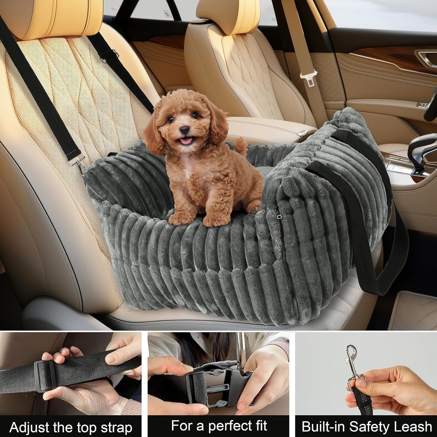 Dog Car Booster Seat, for Small Dogs Under 30 lbs, Detachable Washable Travel Bed with Storage Pockets and Safety Belt (Grey, Medium)