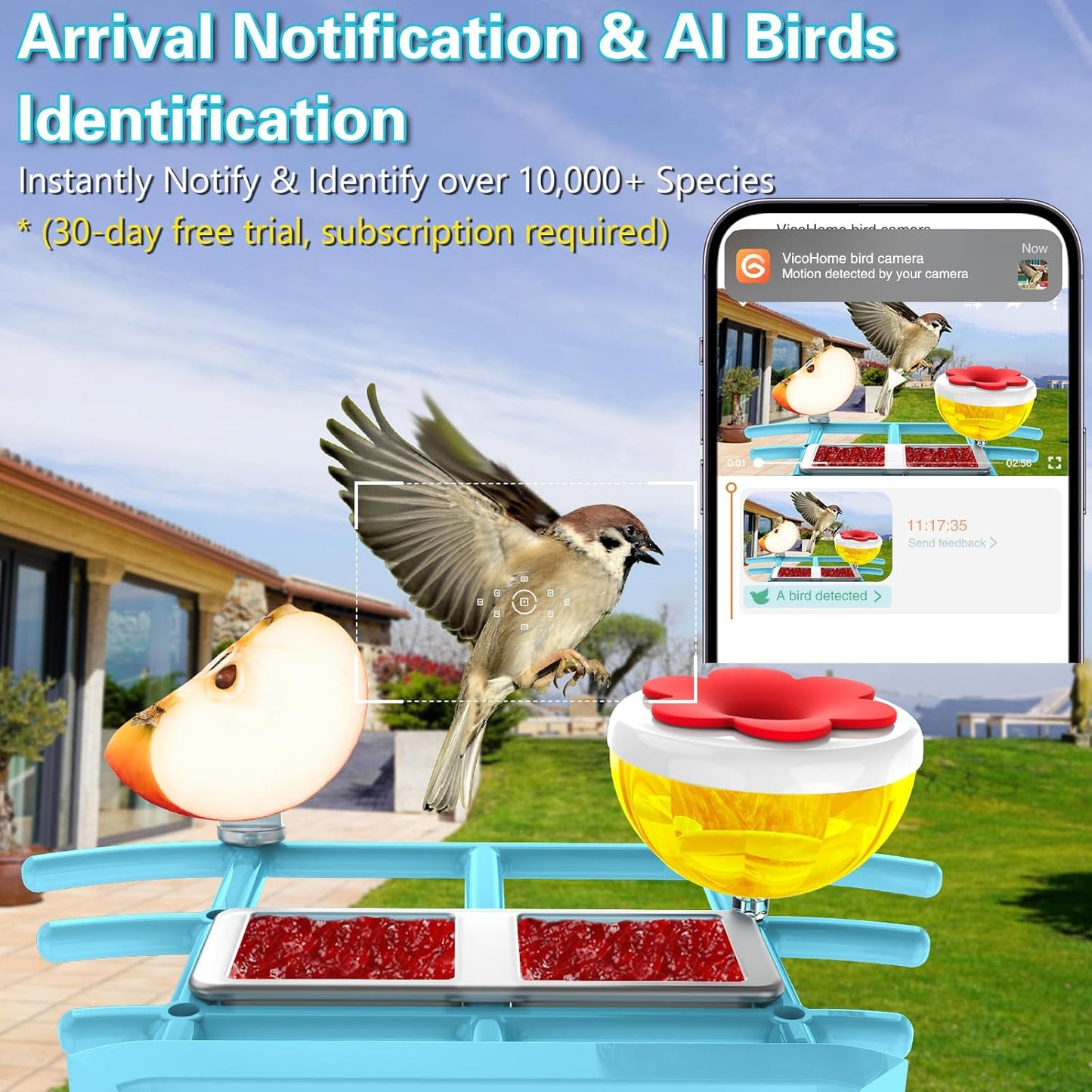 TayePin Bird Feeder with Camera Solar Powered & AI Identify 10,000+ Birds Species, 2.4Ghz WiFi Smart Feeding, 2K HD Live Video for Outdoor, IP65 Waterproof, Instant Arrival Alerts, Bird Lover Gifts