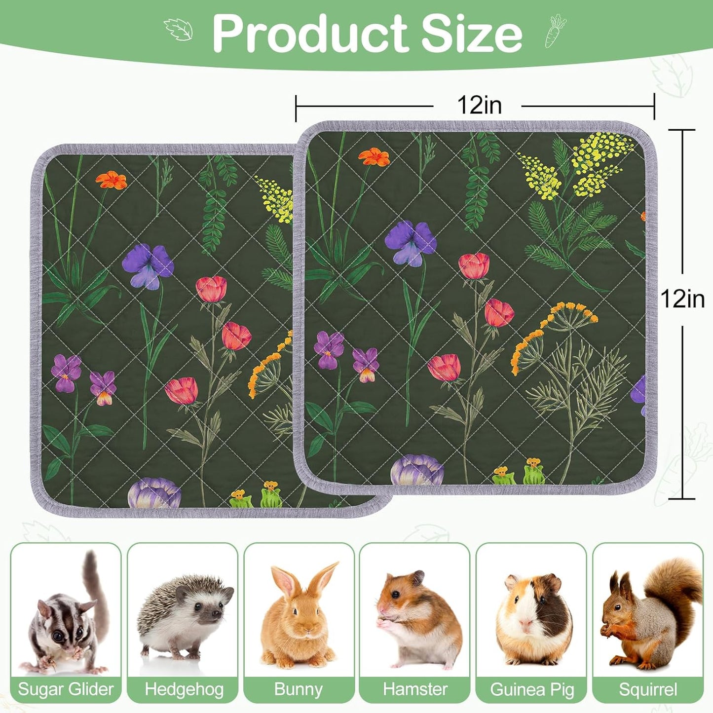Bienbee Guinea Pig Bedding, 2 Pack 12" x 12" Reusable Guinea Pig Cage Liner Waterproof and Absorbent Small Animal Bedding Washable Guinea Pig Pee Pads for Small Pet Hamster Rabbit Squirrel, Green