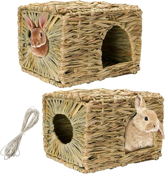 Hamiledyi 2PCS Large Grass House for Rabbit, Edible Bunny Hut Natural Grass Woven Foldable Pet Play Hideaway Hay Mat Chew Toys for Guinea Pig Hamster Chinchilla 14.5x11.4x10.2 inches