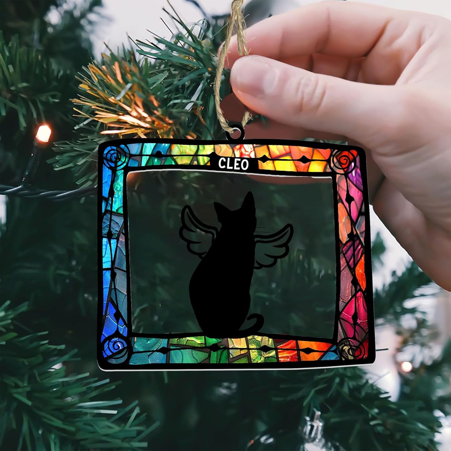 Personalized Cat Memorial Suncatcher – Custom Pet Loss Ornament with Rainbow Stained Glass Frame and Angel Wings Silhouette – Cat Bereavement Gift for Window, Car Mirror, or Sympathy Display
