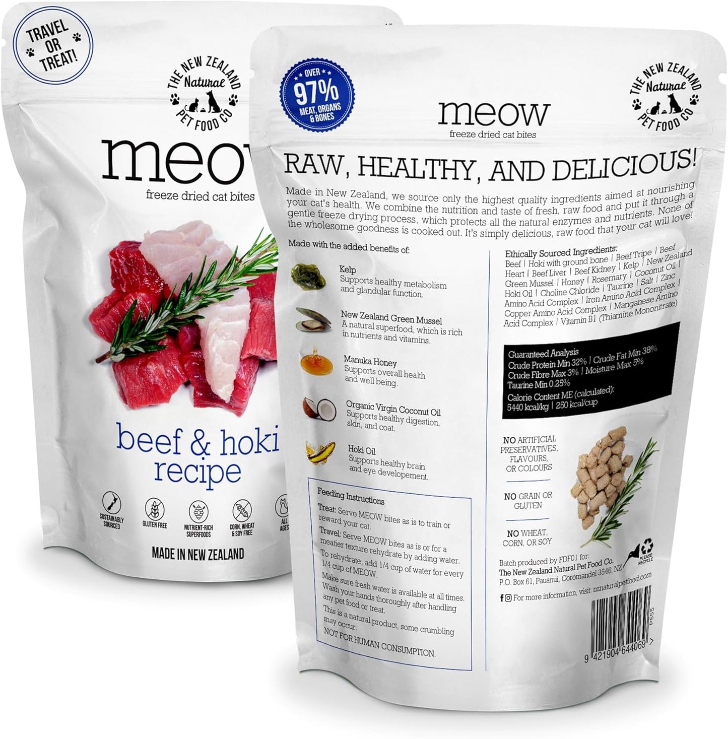 The New Zealand Natural Pet Food Co Meow Freeze Dried Cat Food - Beef & Hoki Recipe, High Protein, Meals & Toppers, Dry Cat Food,1.76 oz