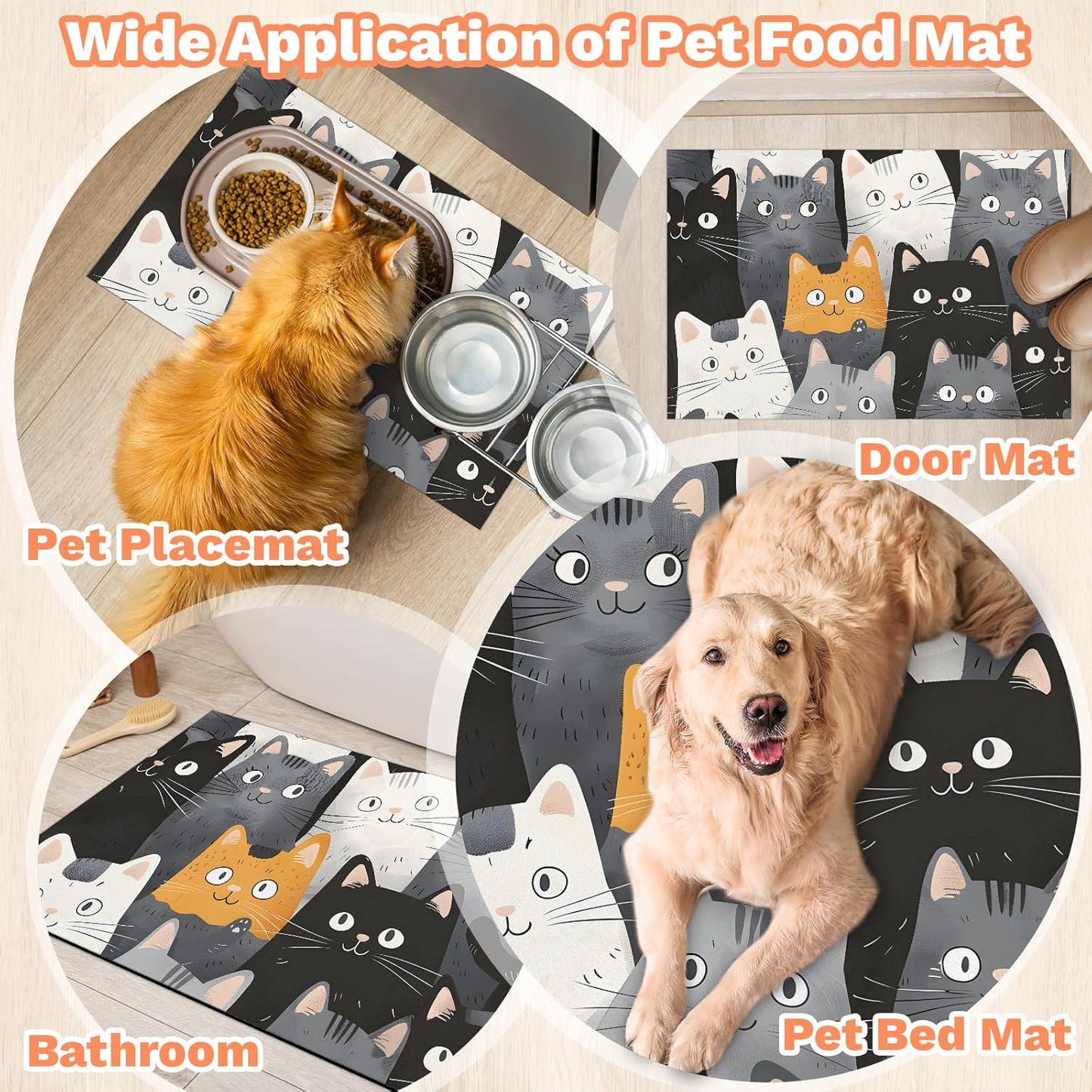 Dog Cat Food Mat,12"x20" Inches Rapid Absorbent Pet Feeding Mat,Pets Placemat Water Bowl Mats with Rubber Backing,No Stains Cat Dog Feeding Mats Indoor,Pet Accessories Supplies,Cartoon Cats