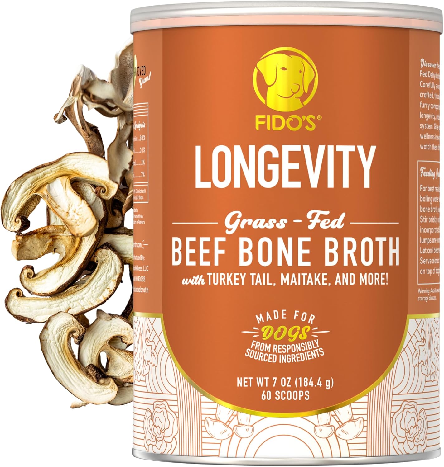 Fido's Longevity Bone Broth for Dogs - Turkey Tail + Maitake Mushroom - Grass-Fed Beef Bone Broth Powder - Dog Immune Support - Mushroom Supplement for Dogs - Dog Food Topper for Dry Food - 60 Scoops