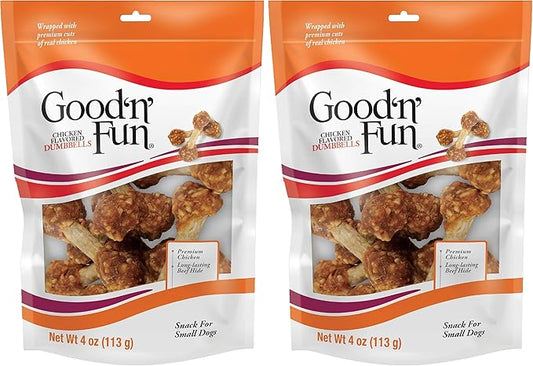 Good 'n' Fun Chicken Flavored Dumbbells 4 Ounces, Rawhide Snacks for Small Dogs (Pack of 2)