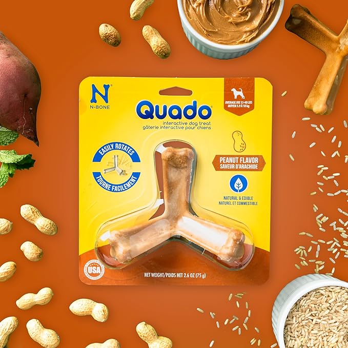 N-Bone Quado Interactive Chew, Peanut Flavor, Average Joe, 2.8oz, Natural, Medium (Pack of 1)