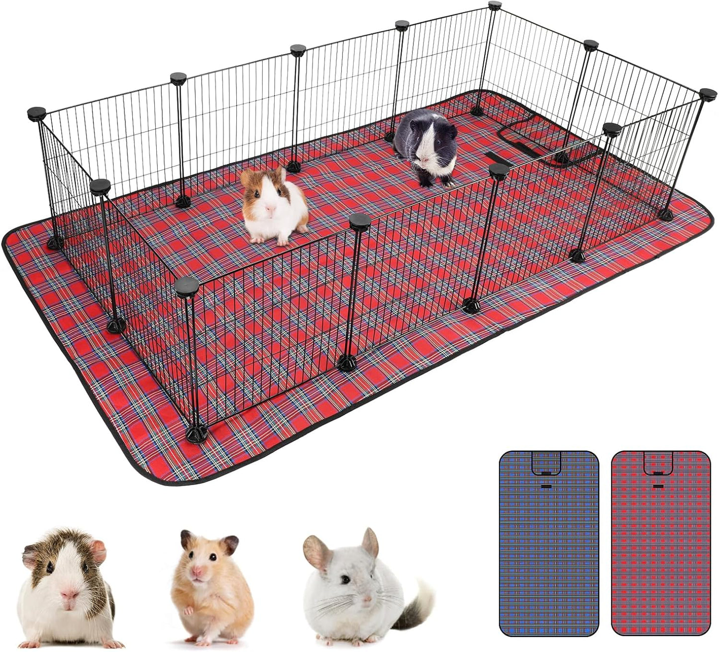 Pet Playpen with Mat, Small Animal Cage with Mat, Guinea Pig Cages, Puppy Pen for Indoors with Colorful Mat, 12 Panels Interior Metal Wire Yard Fence
