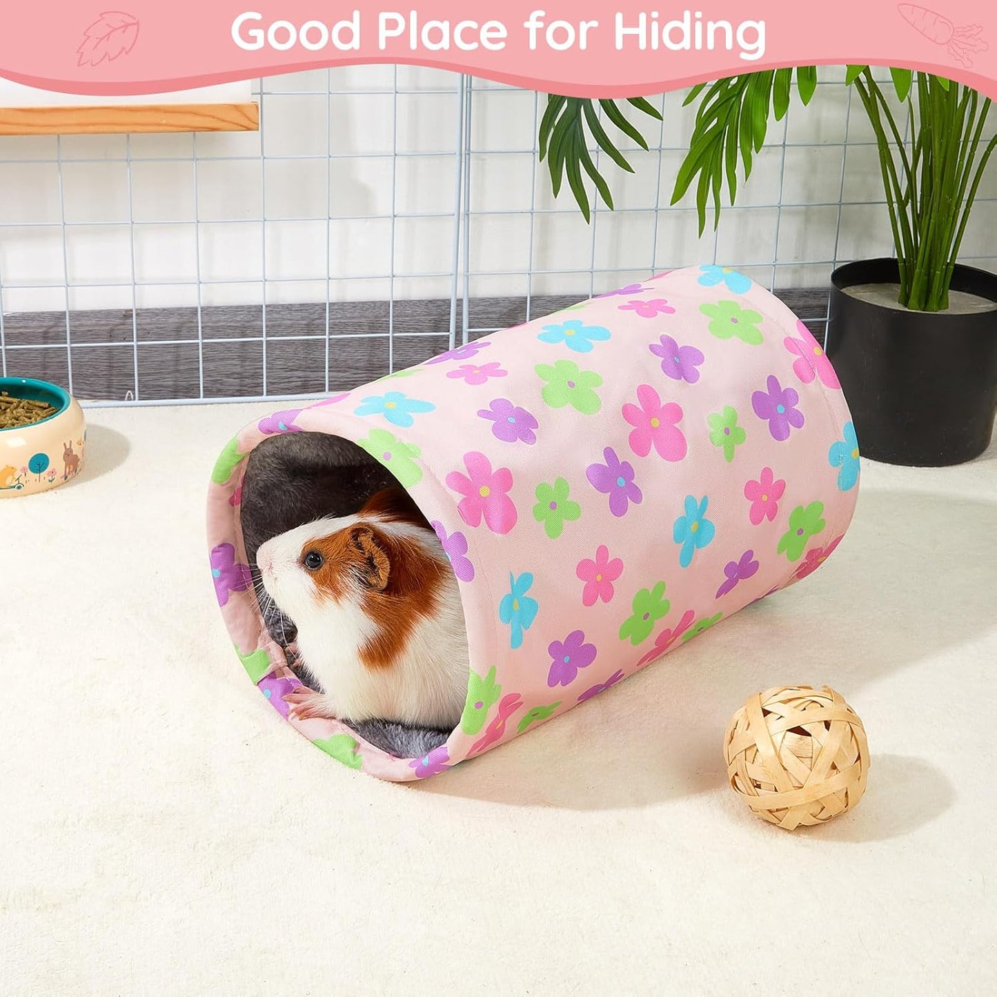 Glittme Guinea Pig Tunnel Washable Guinea Pigs Hideout Portable Rabbit Tunnels Soft Ferret Tunnel for Playing Resting Guinea Pig Accessories for Hedgehogs, Hamster, Apricot Flowers