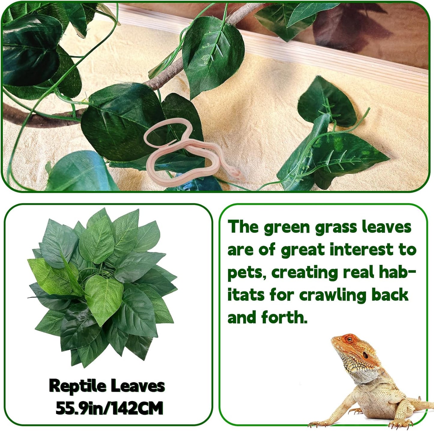 6PCS Bearded Dragon Hammock Lizard Natural Seagrass Hammock Reptile Jungle Climbing Vines and Leaves with Suction Cups Habitat Décor Tank Accessories for Hiding& Climbing Snake Gecko Bird Chameleon