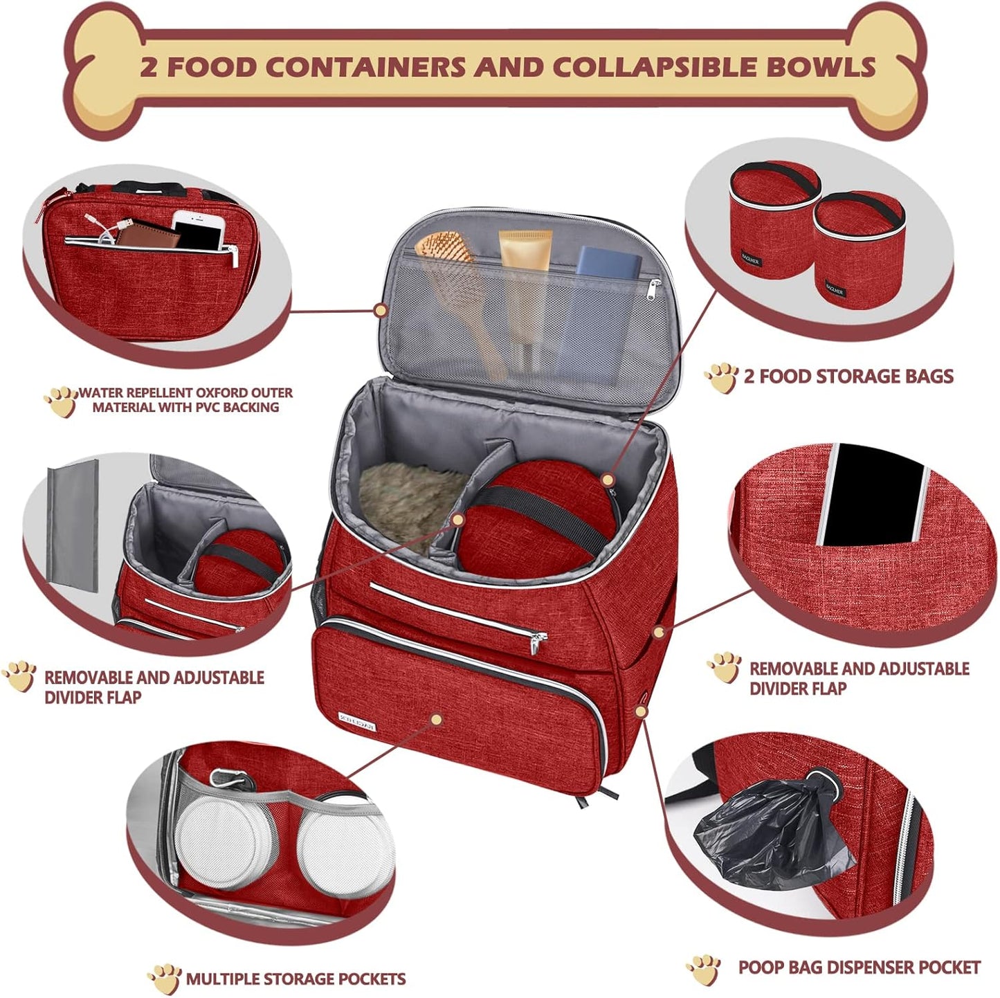 BAGLHER 丨Dog Travel Bag Backpack, Airline Approved Pet Supplies Backpack, Dog Travel Backpack with 2 Silicone Collapsible Bowls and 2 Food Baskets Red