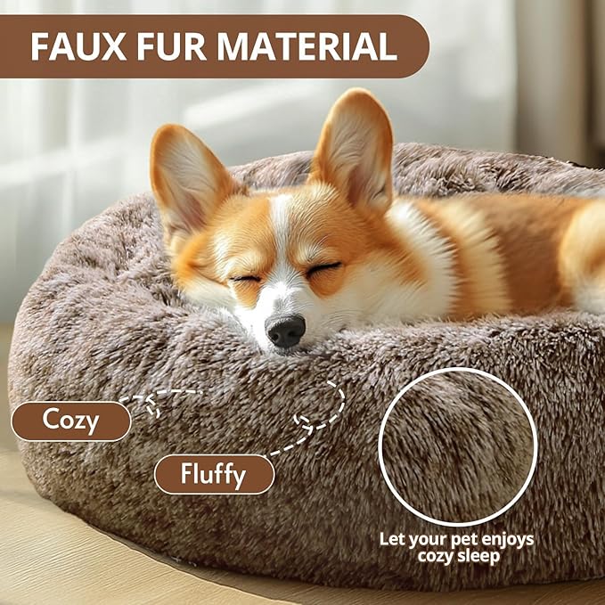 JOLLYVOGUE Calming Dog & Cat Bed for Small Dogs, Anti-Anxiety Donut Cuddler Cozy Soft Round Bed with Anti-Slip Bottom, Fluffy Faux Fur Plush Cushion Beds for Small Medium Dogs, 20"/Smoke Brown