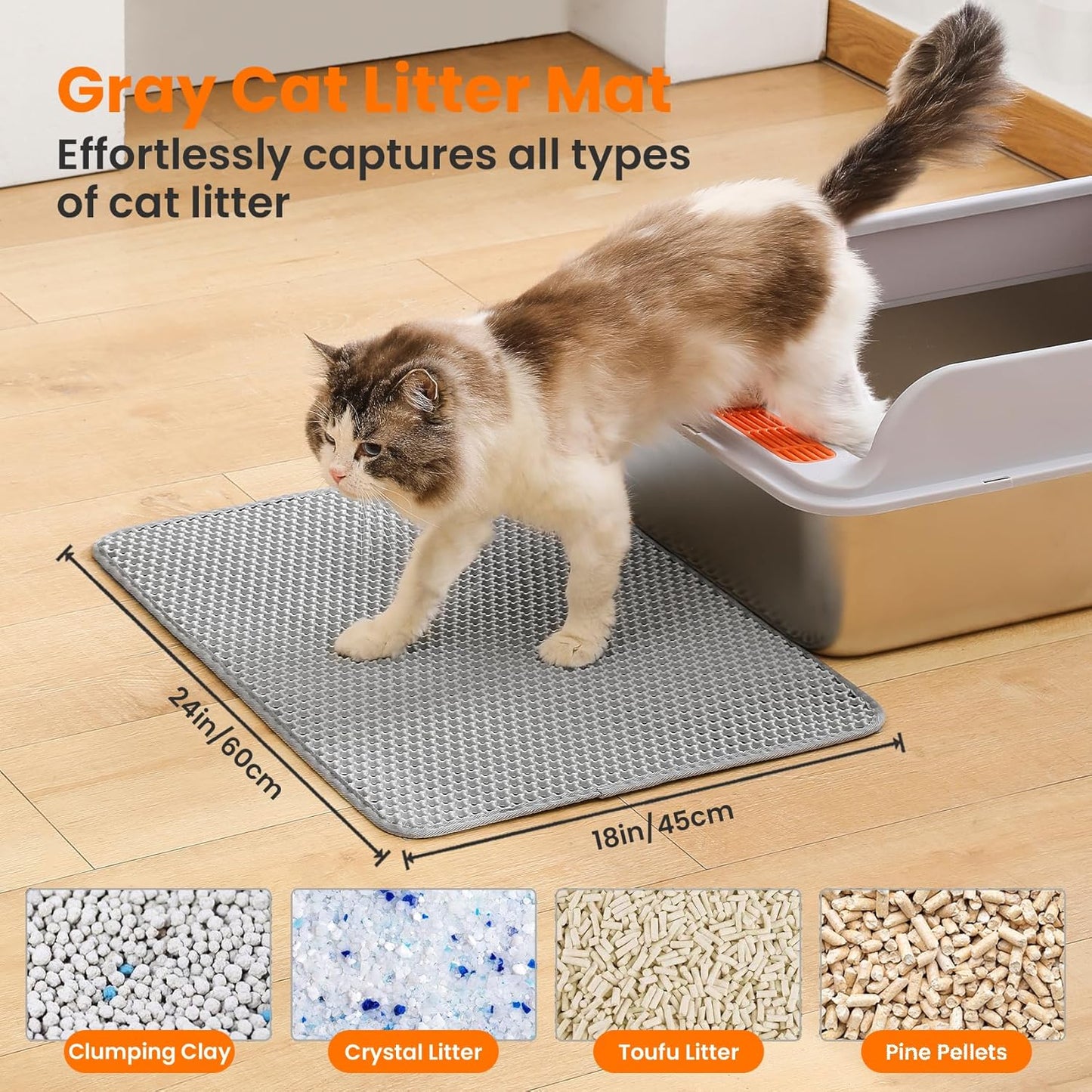 Cat Litter Mat, 24x18 Inches Large Double Layer Honeycomb Cat Litter Trapping Mat, Non Slip Waterproof Urine Proof Cat Litter Box Mat for Floor, Kitty Litter Rug, Cat Supplies, Gray