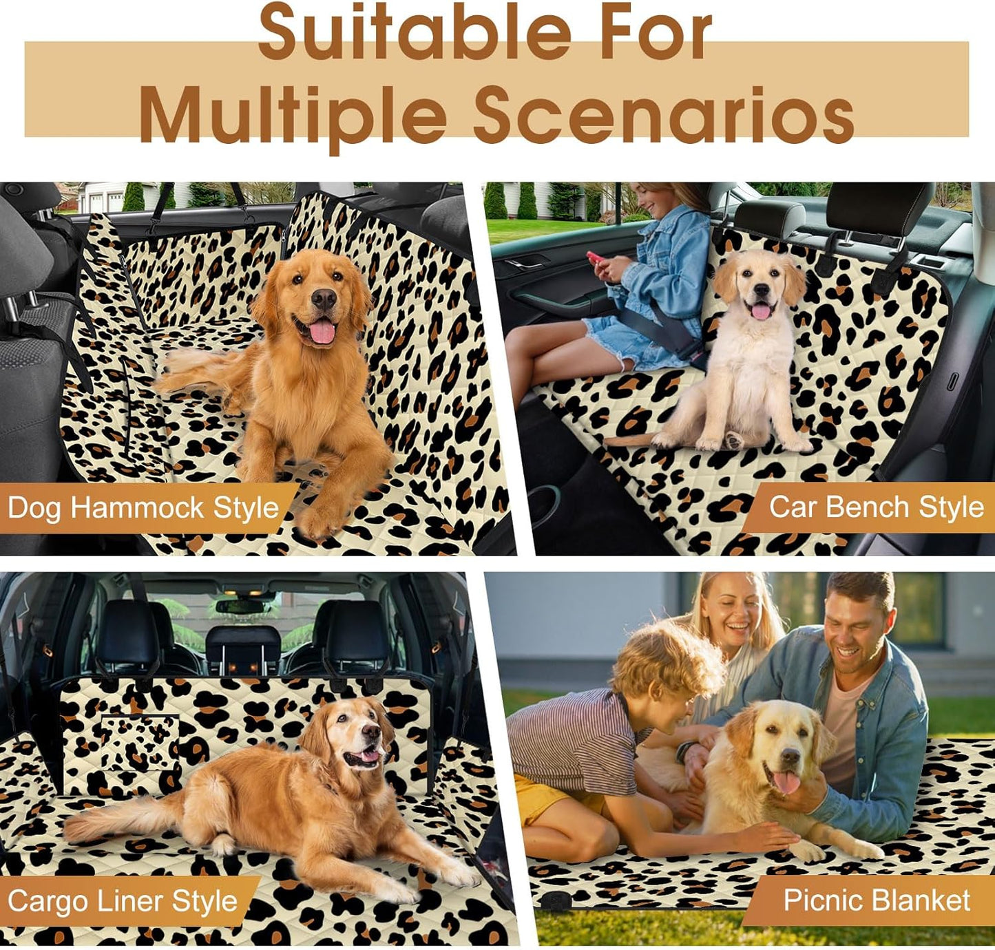 Waterproof Dog Car Seat Cover for Back Seat - Durable, Scratch Proof Pet Hammock with Nonslip Design & Storage Pockets, Fits Cars, SUVs, Trucks- S, Leopard/Black