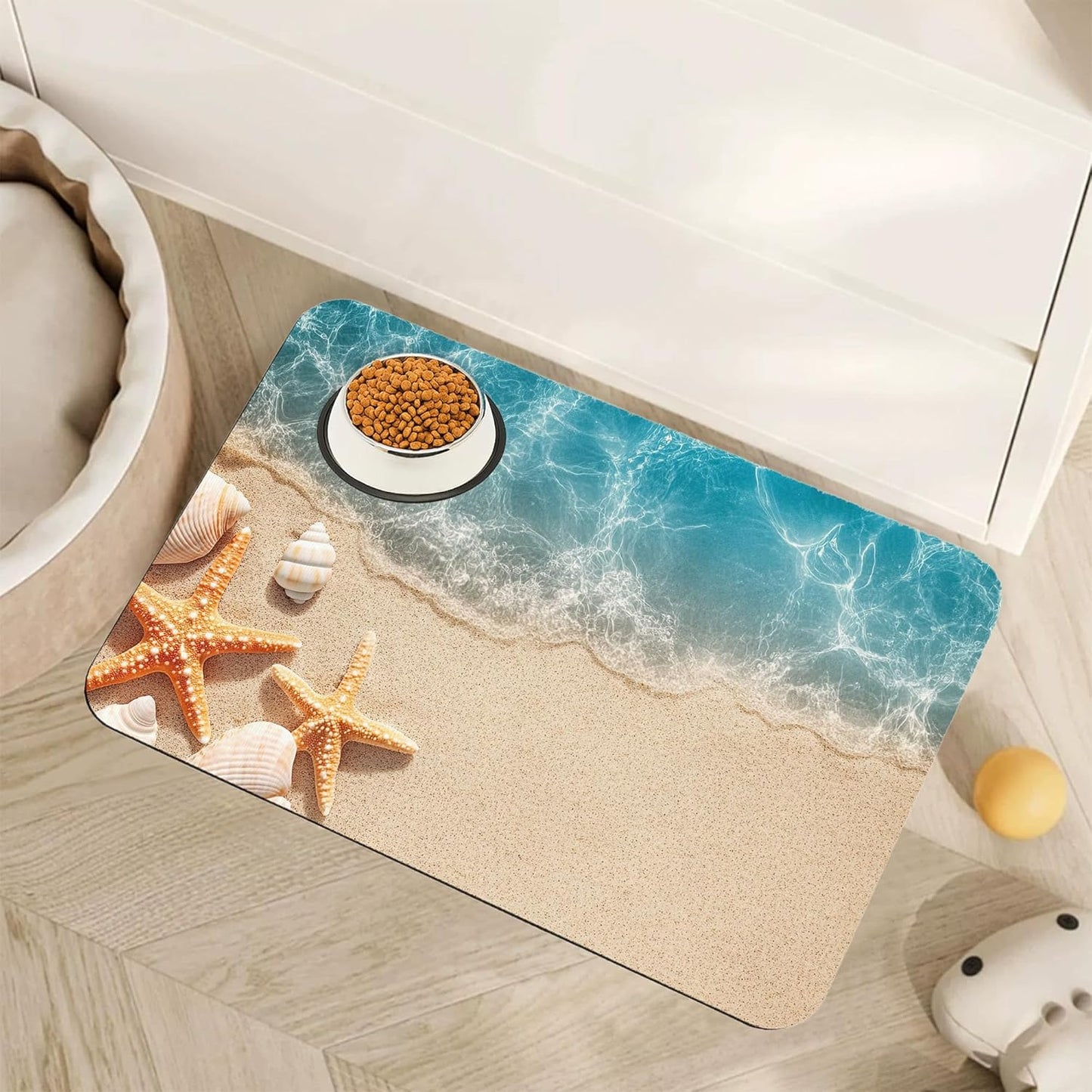 Beach Starfish Dog Food Mat for Floors,Cute Seashell Absorbent Pet Food and Water Bowl Mats,Non-Slip Pet Feeding Mat,Pet Supplies 16" x 24"