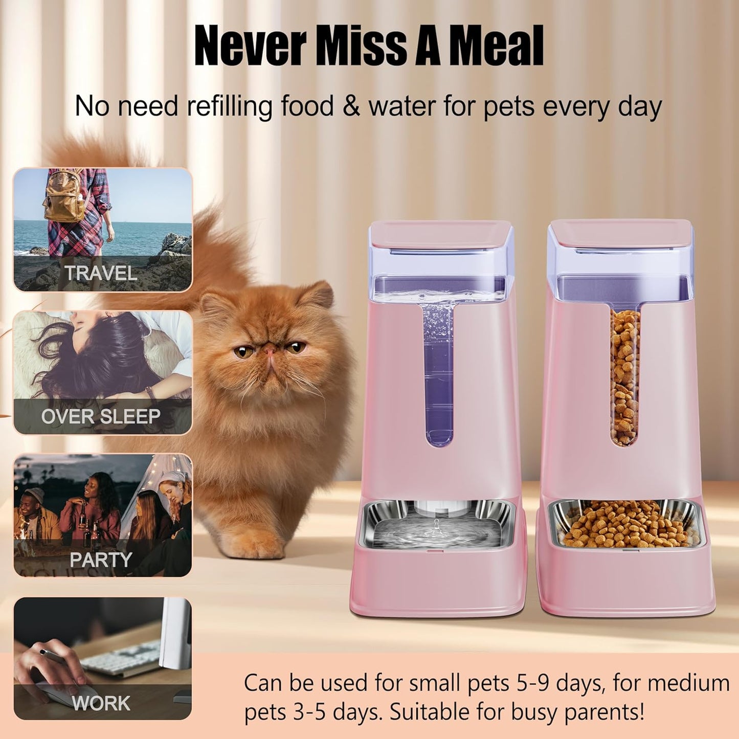 Automatic Cat Feeder and Cat Water Dispenser Set with Stainless Steel Bowls Gravity Dog Feeder for Small Medium Big Dog Pets Puppy Kitten, 3.8L x 2 (Pink)