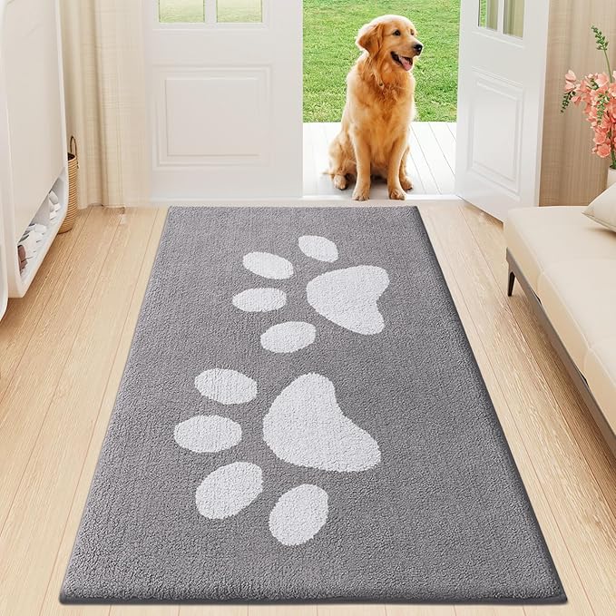 Buganda Dog Door Mat for Muddy Paws, Absorbent Dirt Trapper Washable Indoor Doormats, Non Slip Low-Profile Mud Mat for Dogs, Front Entrance Doormat for Inside Floor (59x24 Inches, Light Grey)