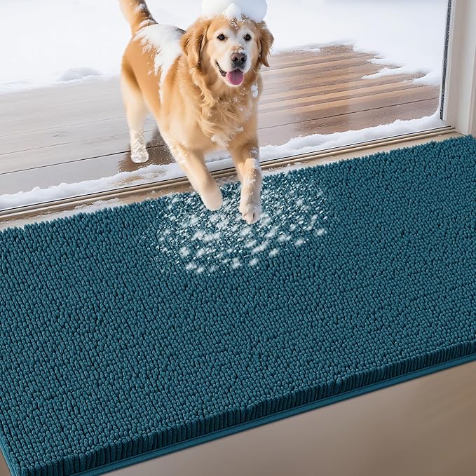 Extra Large Dog Door Mats for Muddy Paws, Chenille Absorbent Dog Mats, Non Slip Heavy Mud Mat for Dogs, Soft Pet Mat for Entryway, Mud Paws, Inside Floor,71" x 25", Teal Blue