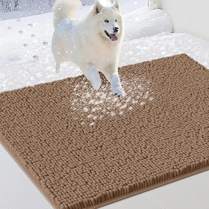 Dog Door Mats for Muddy Paws, Chenille Absorbent Door Mats, Non Slip Heavy Mud Mat for Dogs, Soft Indoor Door Mat for Entryway, Mud Paws, Inside Floor,30" X 20", Camel