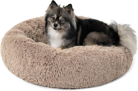 PetAmi Calming Dog Bed for Small Medium Dog Cat, Round Donut Dog Bed Washable, Fluffy Faux Fur Plush Cuddler Pet Kitten Cushion Bed, Anti-Slip, Fits up to 25 lbs, 23 inch, Taupe