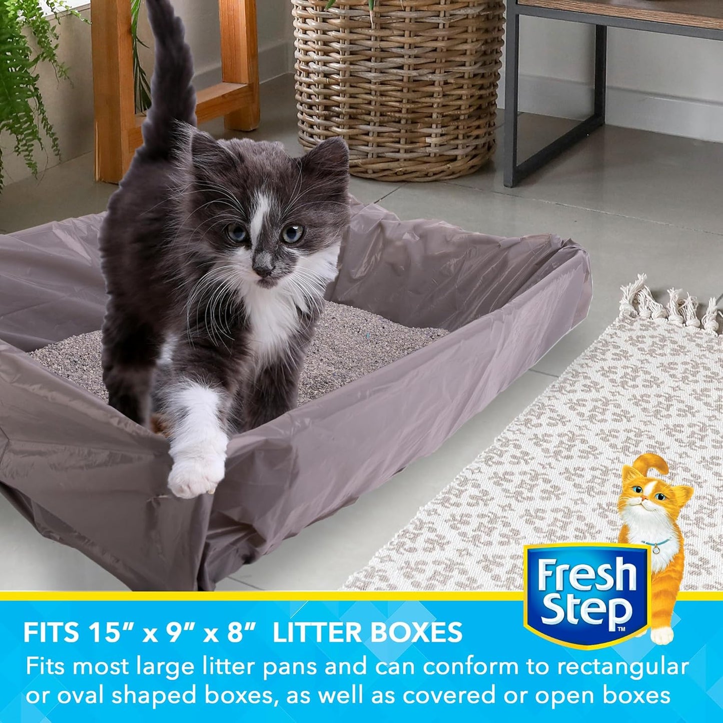 Fresh Step Drawstring Cat Litter Box Liners, Unscented - Kitty Litter Bags for Rectangle or Oval Large Litterboxes, Size Large, 30" x 17" - 15 Count