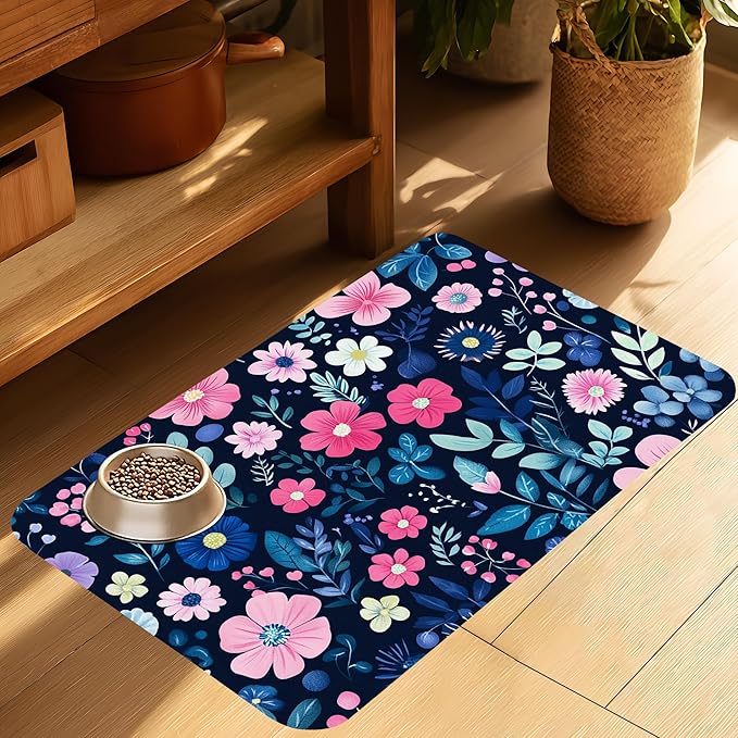 Groovy Wildflowers Pet Feeding Mat-Quick Dry Absorbent Dog Cat Food Mat, Anti-Slip Water Bowl Mats for Messy Eaters-No Stains Indoor Pet Accessories 16"x24"