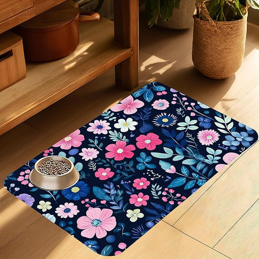 Groovy Wildflowers Pet Feeding Mat-Quick Dry Absorbent Dog Cat Food Mat, Anti-Slip Water Bowl Mats for Messy Eaters-No Stains Indoor Pet Accessories 16"x24"
