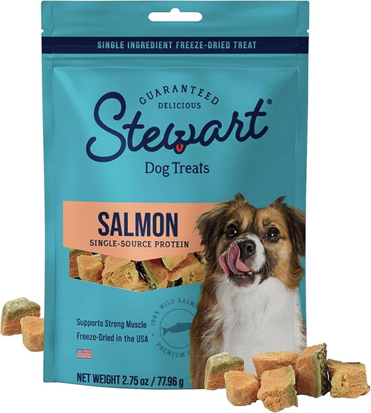 Stewart Single Ingredient Freeze Dried Raw Dog Treats, Wild Salmon, 2.75 Ounce, Approx. 55 Pieces per Resealable Pouch, Training Treats or Meal Topper, High Protein, Grain Free, Gluten Free