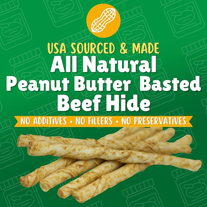 Peanut Butter Rawhide Twist Sticks Dog Treats – 125ct. Premium Rawhide Chew Sticks – Long Lasting Peanut Butter Flavored Chews for Small Dogs Made in USA with Natural Beef Hide