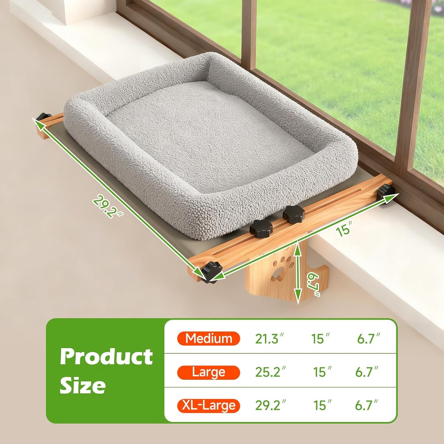 Cat Window Perch,Window Cat Bed for Large Cats with Sturdy Wooden Frame and Washable Bolster,Ideal for Pets to Sunbathe,Nap and Overlook,EZ to Adjust Cat Bed for Windowsill, Bedside,23.6x15IN(Gray,L)