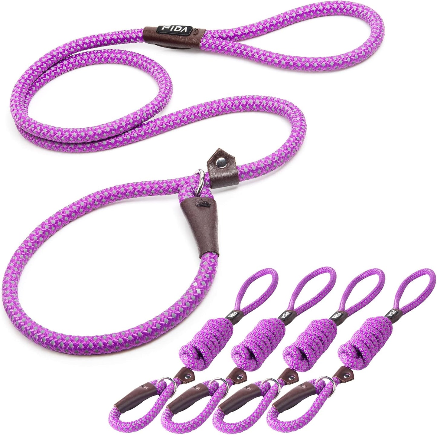 Fida Durable Slip Lead Dog Leash Bulk Pack of 5, Heavy Duty 1/2" x 6 FT Comfortable Strong Rope Slip Lead for Large, Medium Dogs No Pull Pet Training Leash with Highly Reflective, Purple