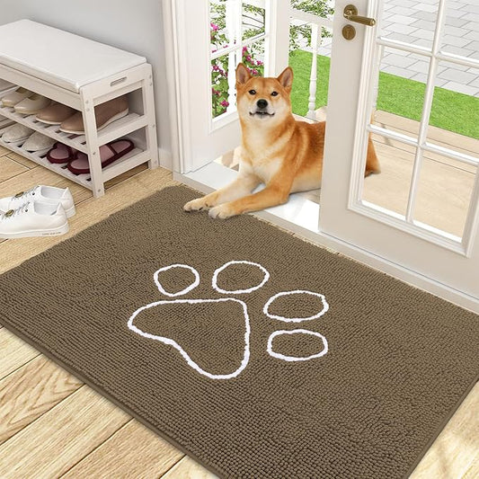 OLANLY Door Mat for Muddy Dog Paws 48x30, Ultra Absorbent Chenille Mud Doormat with Paw Print Design, Non-Slip Washable Doormat for Indoor Entryway, Quick-Dry Pet Bed Mats for Dirty Dogs, Tan