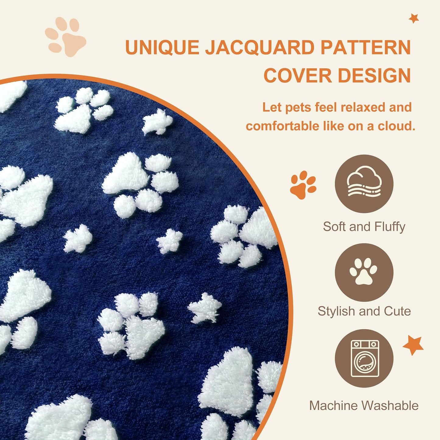 Dog Beds for Large Dogs, Cute Thick Dog Bed for Crate Kennel, Fluffy Pet Bed with Removable Washable Cover and Anti-Slip Bottom, 35"x 22", Navy Paw